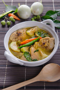 Close-up of soup in bowl on table