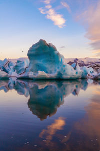 Scenic view of frozen lake against sky during sunset