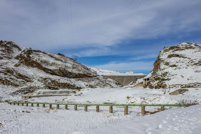 Snow covered landscape against sky