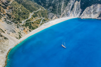 High angle view of sailboat in sea