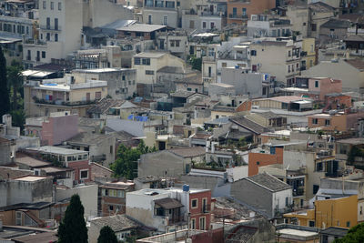 High angle view of houses in town