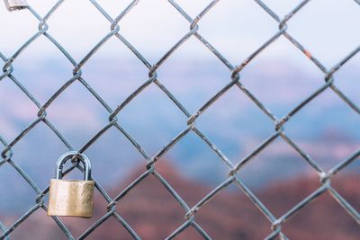 Close-up of padlocks on chainlink fence