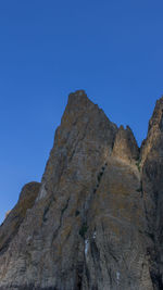 Low angle view of rocky mountains against clear blue sky