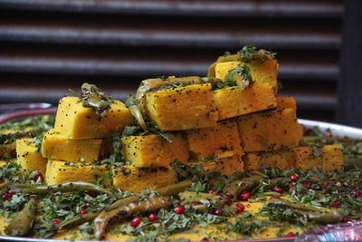 Close-up of food on barbecue grill