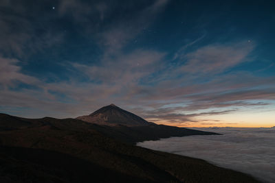 Scenic view of volcano against sky during sunset