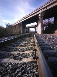 Surface level of railroad tracks against sky