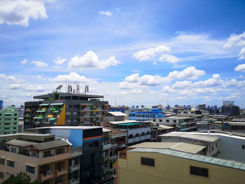 High angle view of buildings in city against sky