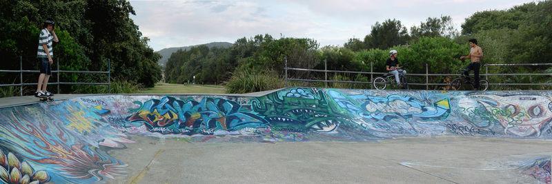 Graffiti on wall by trees against sky