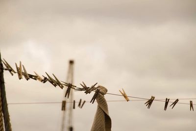 Close-up of pegs on washing line against the sky