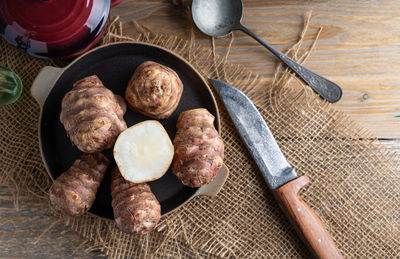 High angle view of breakfast on table