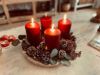 Close-up of christmas decorations on table