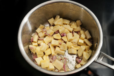 High angle view of chopped vegetables in bowl