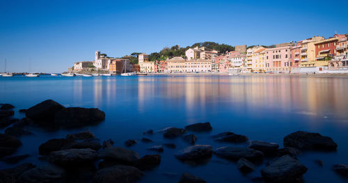 Scenic view of sea against clear blue sky