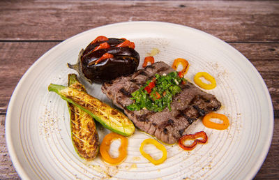 High angle view of food in plate on table