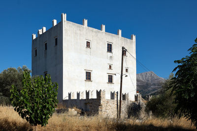 Low angle view of building against clear blue sky