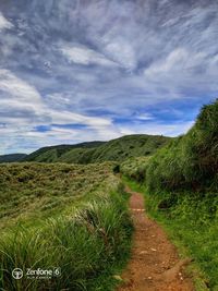 Scenic view of road amidst field against sky