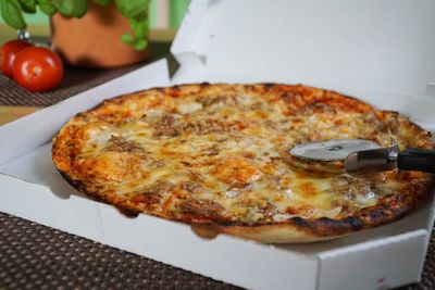 Close-up of pizza in box