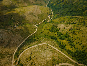 High angle view of winding road amidst trees