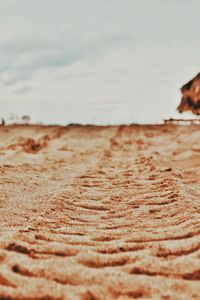Surface level of sand on beach against sky