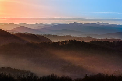 Scenic view of silhouette mountains against sky during sunset