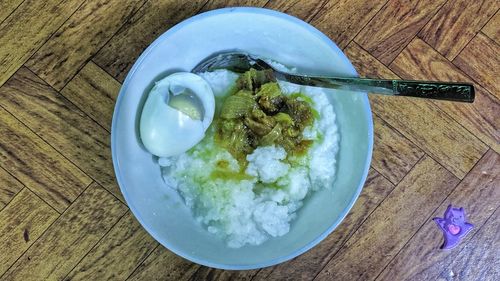 High angle view of food in bowl on table