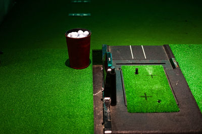 High angle view of illuminated ball on table