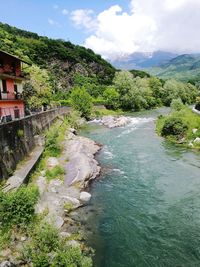 Scenic view of river amidst trees and buildings against sky