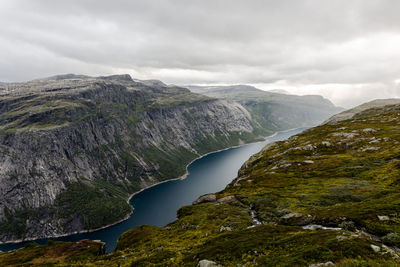 Scenic view of lake and mountains against sky