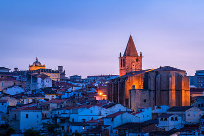 Scenic view of caceres cityscape at blue hour