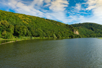 Scenic view of lake by trees against sky