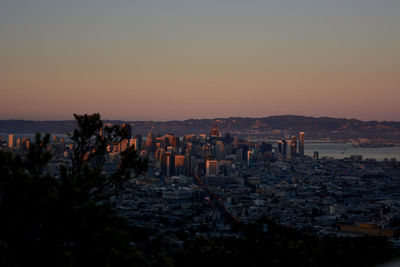 Buildings in city at sunset