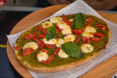 High angle view of food served on table