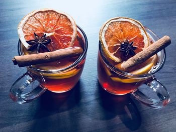 High angle view of drink on table