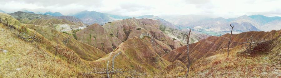 Scenic view of mountains against cloudy sky