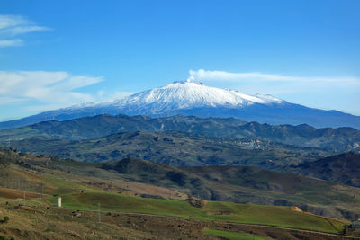 Scenic view of snowcapped mountains against sky