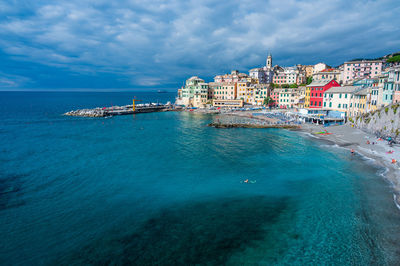 Scenic view of sea and buildings against sky