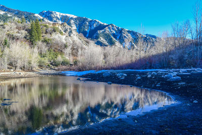 Scenic view of lake by snowcapped mountains against blue sky