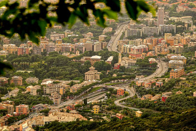 High angle view of city buildings