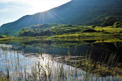 Scenic view of lake by mountains against sky