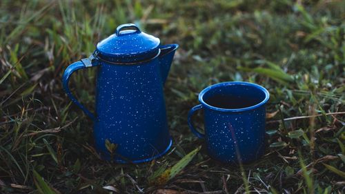 Close-up of blue drink on field