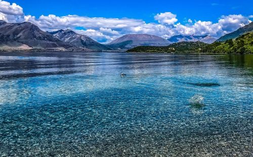 Scenic view of lake against blue sky