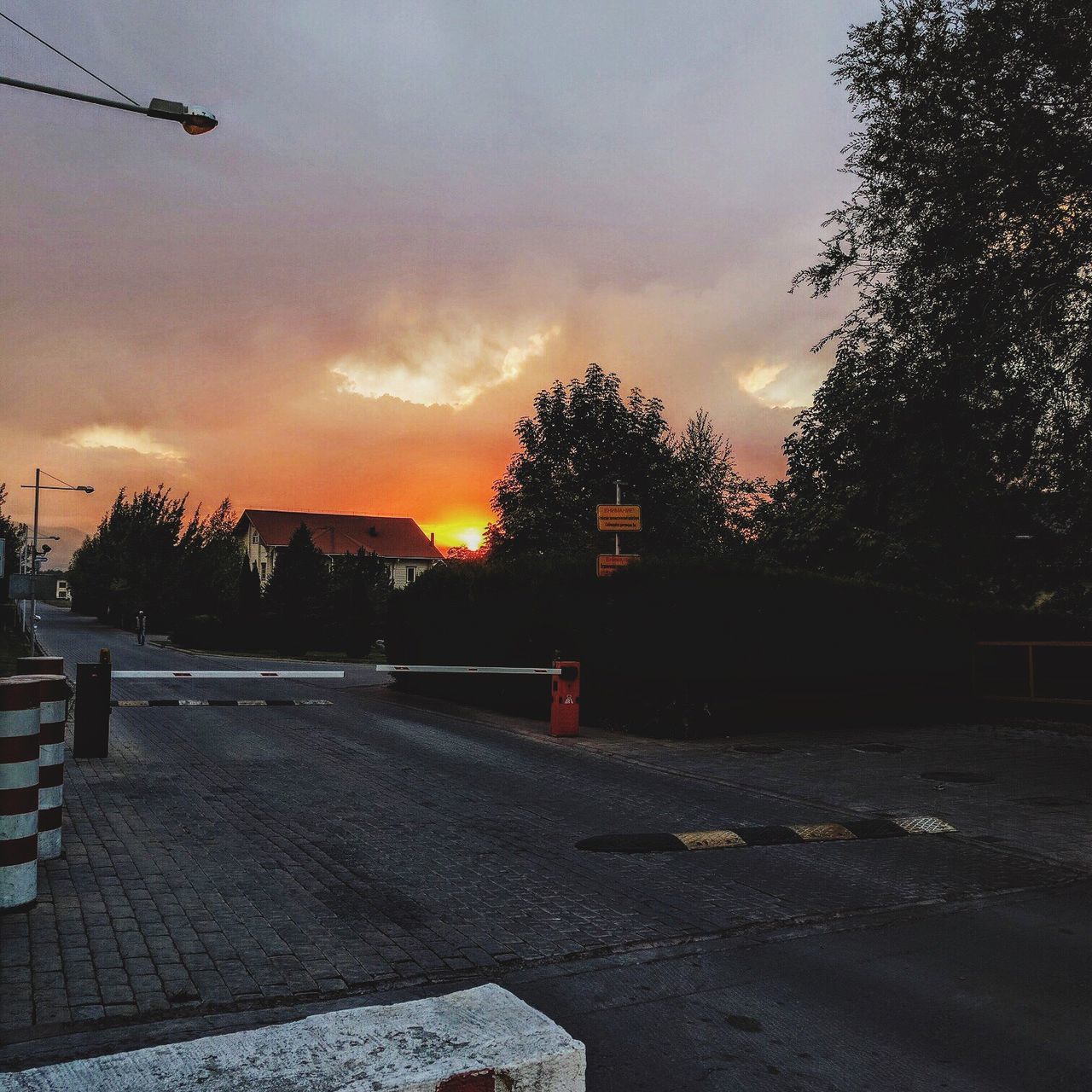 sunset, tree, road, transportation, street, sky, cloud - sky, season, tranquil scene, tranquility, orange color, scenics, cloud, building exterior, nature, beauty in nature, outdoors, cloudy, dramatic sky, the way forward, remote, empty road