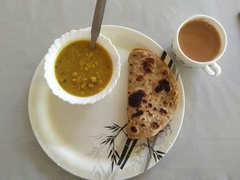 High angle view of breakfast served on table