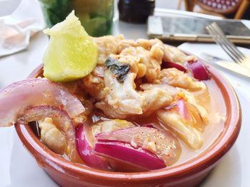 Close-up of pasta served in plate