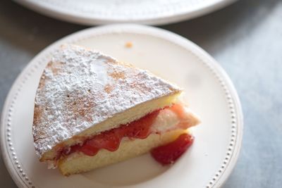 High angle view of cake in plate on table