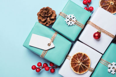 High angle view of christmas decorations on table