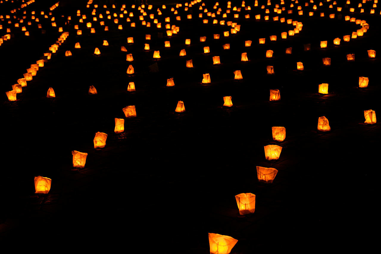 font, large group of objects, illuminated, lighting equipment, lantern, no people, tradition, orange color, celebration, darkness, night, light, in a row, traditional festival, abundance