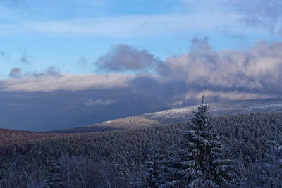 Scenic view of snow covered land against sky