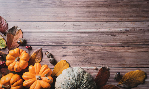 High angle view of pumpkins on table