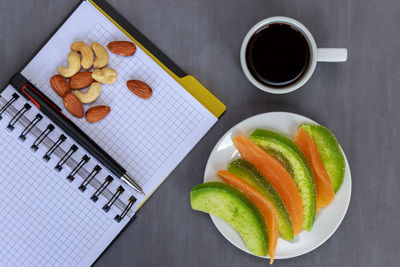 High angle view of breakfast on table